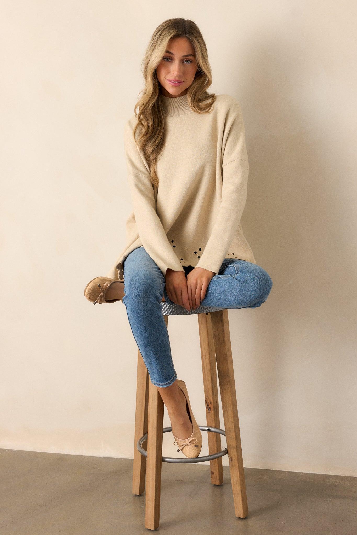 Cozy Conversations Oatmeal Knit Sweater Product Image