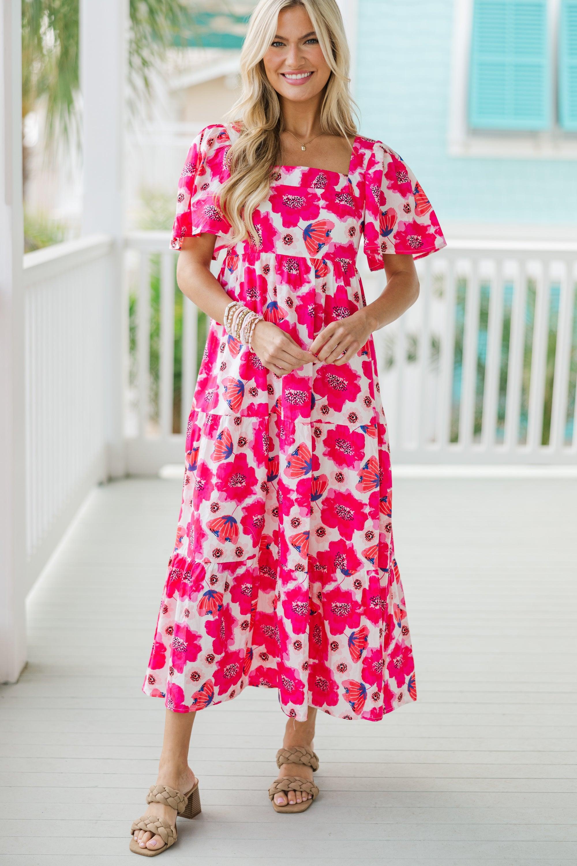 Answer The Call Hot Pink Floral Midi Dress Female Product Image