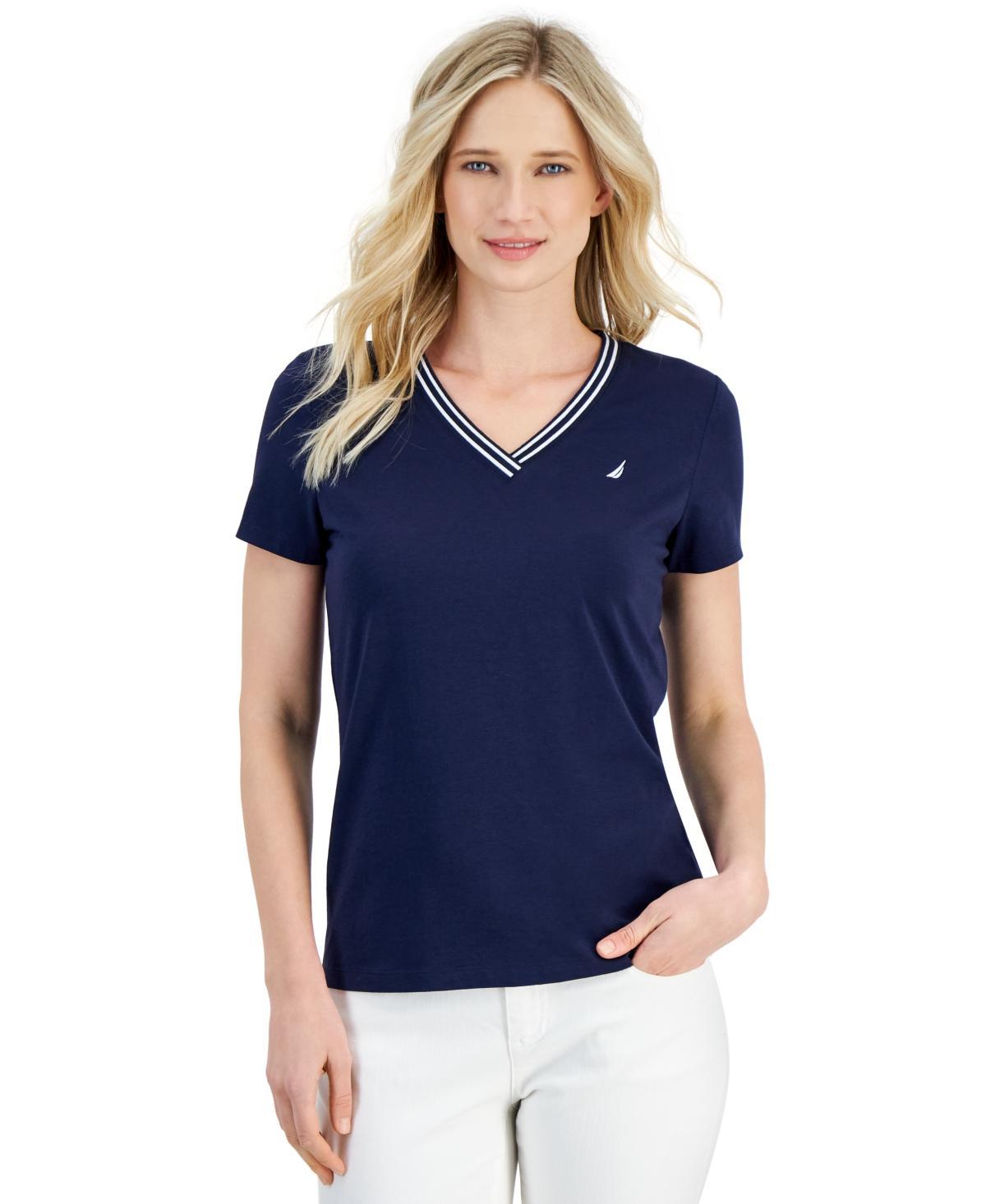 Nautica Jeans Womens Solid Stripe-Trim V-Neck Product Image