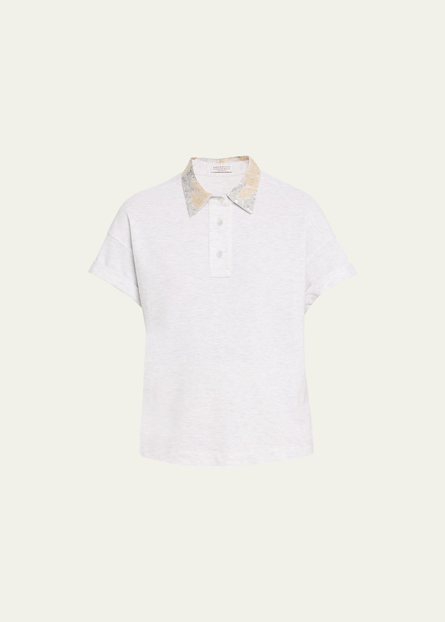 Cotton Pique Polo Top with Multi Beaded Magnolia Collar Product Image