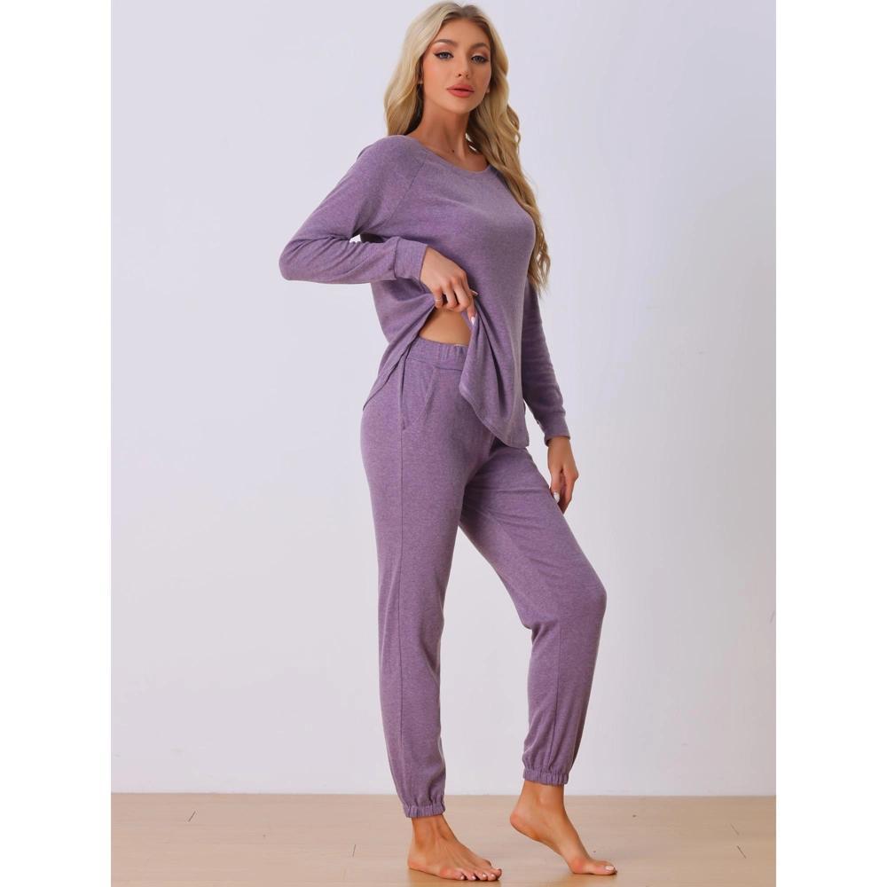 cheibear Women's Sweatshirt Jogger Lounge Set Long Sleeve Knit Round Neck Pajama Tracksuit Purple X-Large Product Image