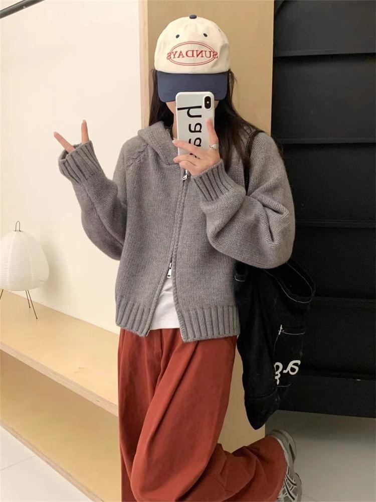 Plain Zip-Up Crop Knit Hoodie Product Image