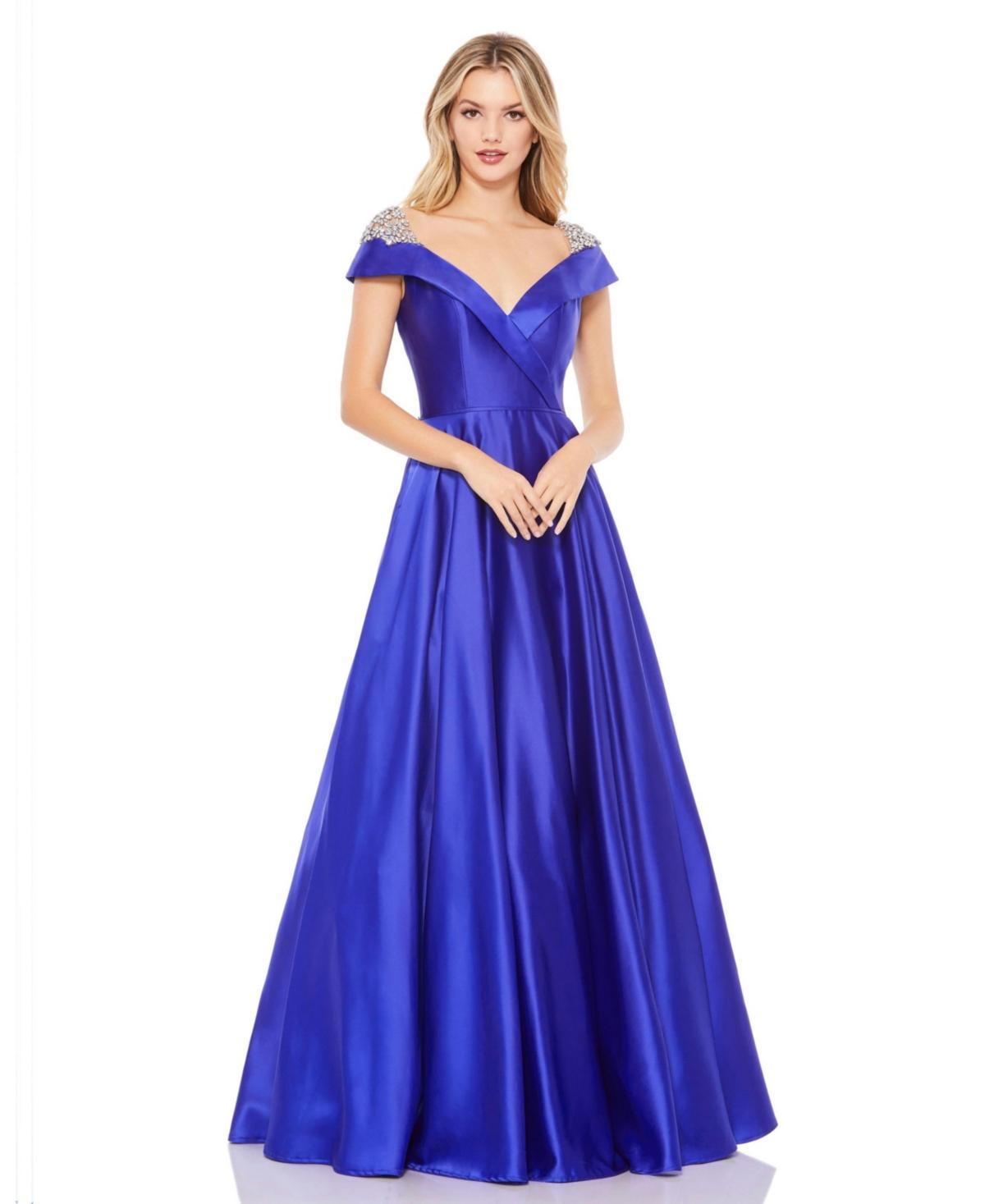 Womens Embellished Cap Sleeve V Neck A Line Gown Product Image