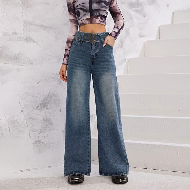 High Waist Washed Wide Leg Jeans Product Image