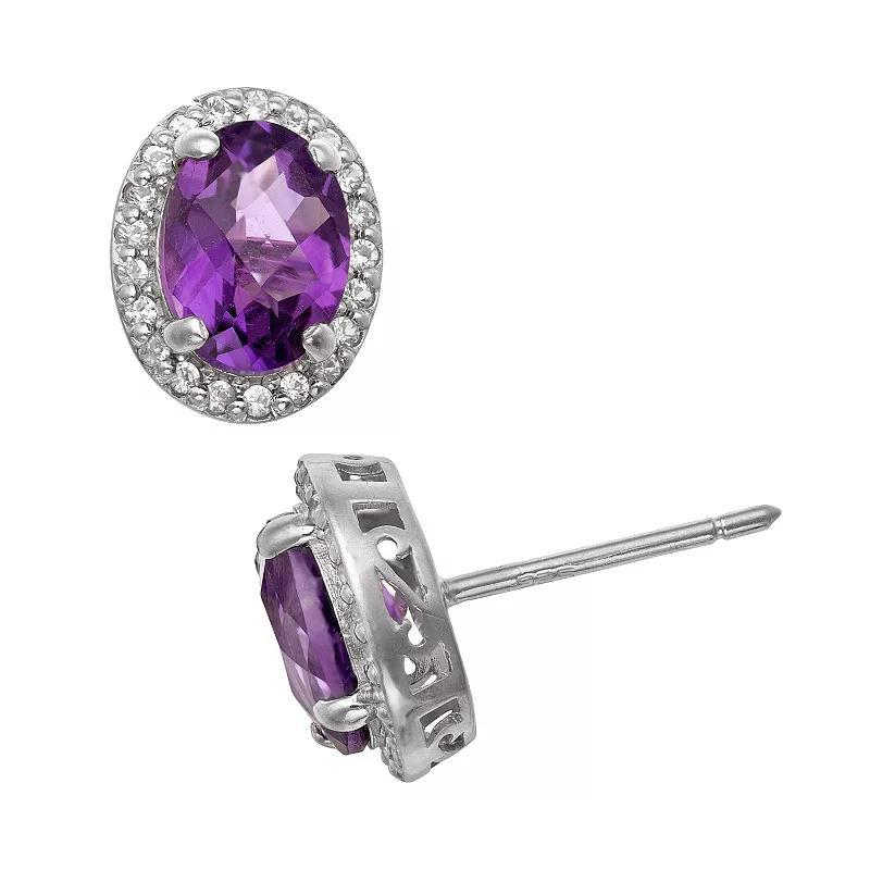 Sterling Silver Amethyst and Lab-Created White Sapphire Halo Stud Earrings, Womens, Purple Product Image