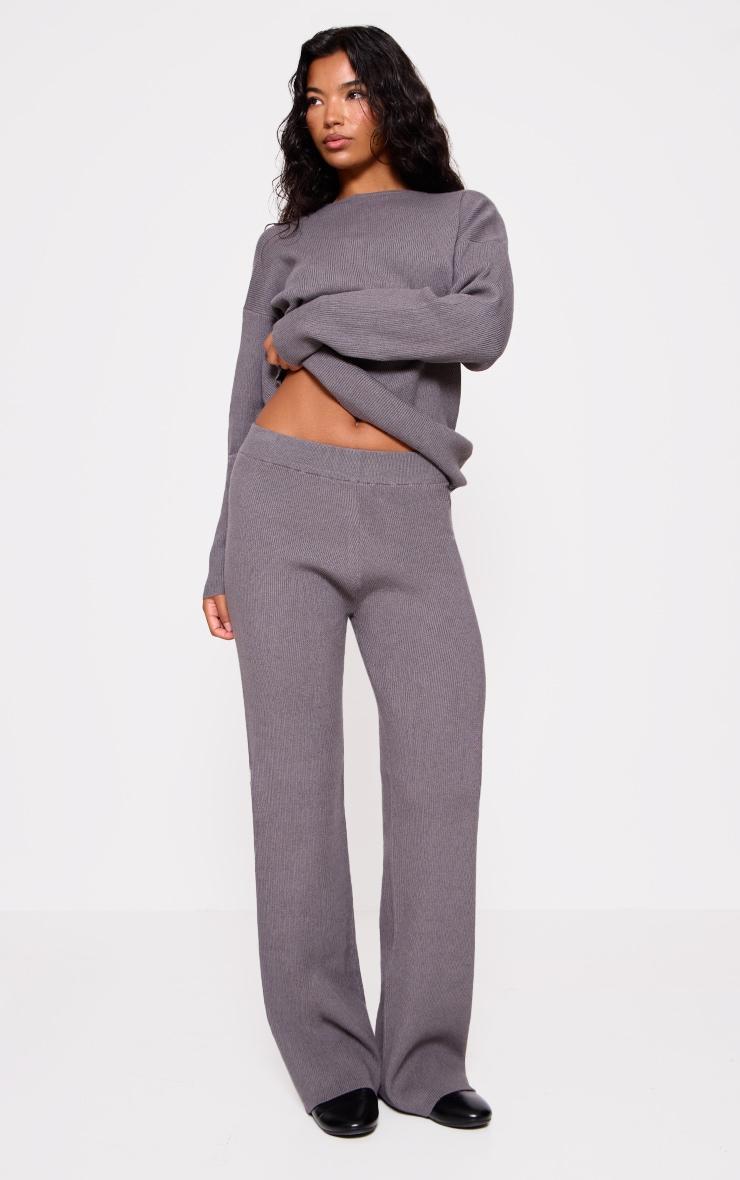 Grey Light Rib Knit Wide Leg Pants product image