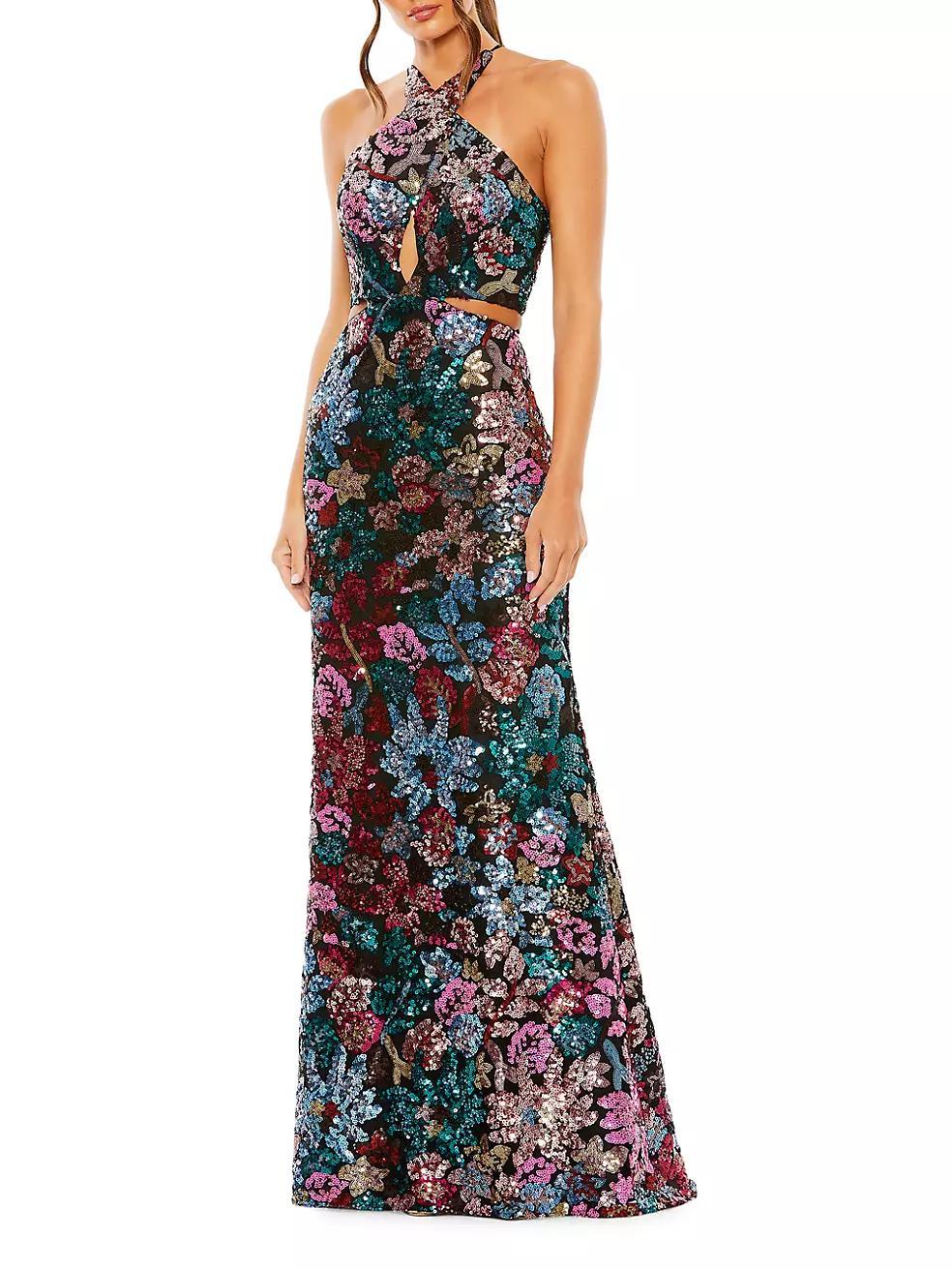 Floral Sequined Cut-Out Halter Gown Product Image