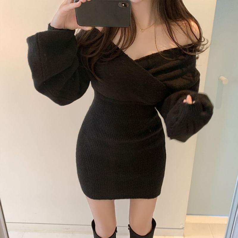 Long Sleeve V-Neck Plain Ribbed Knit Bodycon Mini Dress Product Image