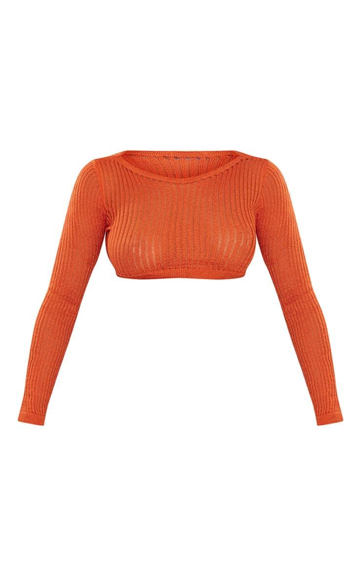 Bright Orange Fine Ladder Knitted Long Sleeve Crop Top Product Image