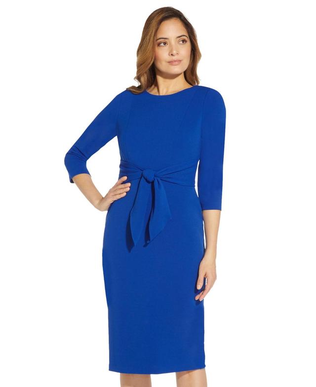 Adrianna Papell Stretch Crepe Crew Neck Tie Waist 34 Sleeve Midi Sheath Dress Product Image