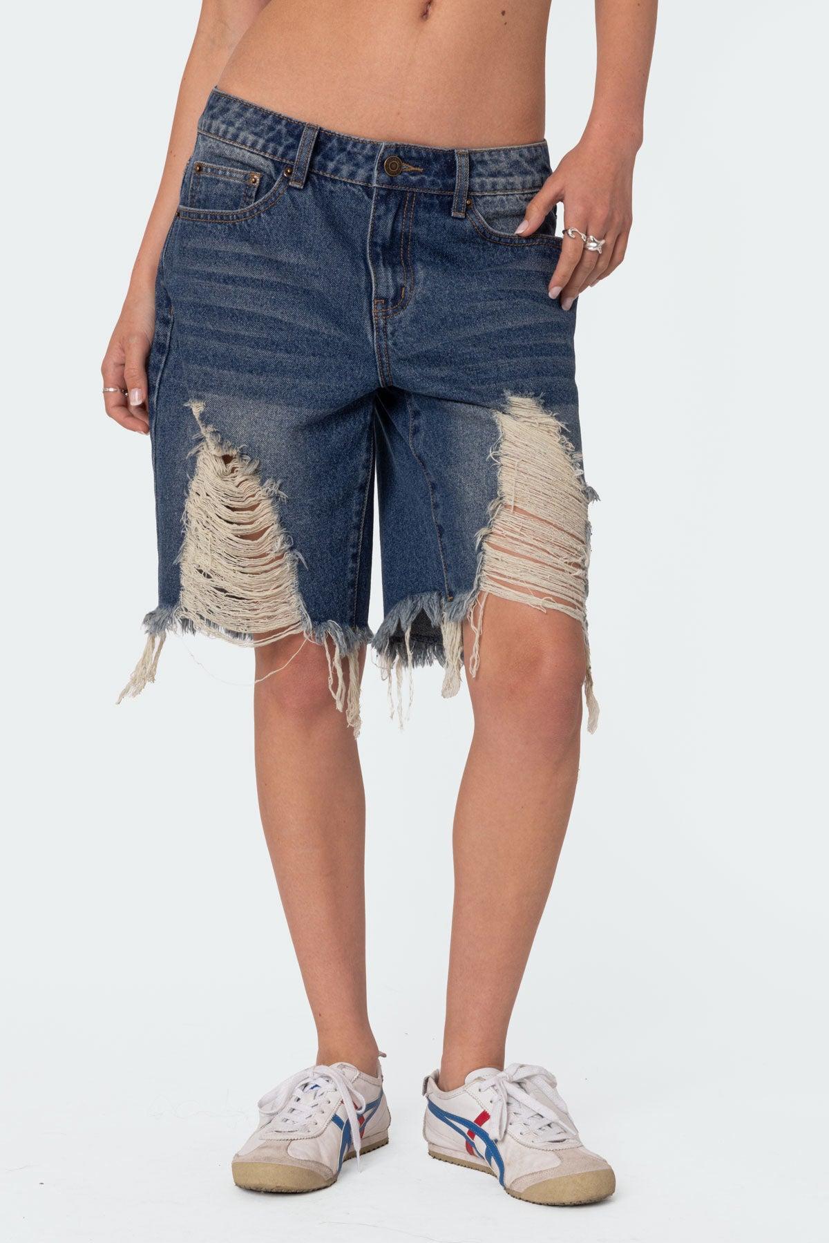 Distressed Denim Bermuda Shorts Product Image