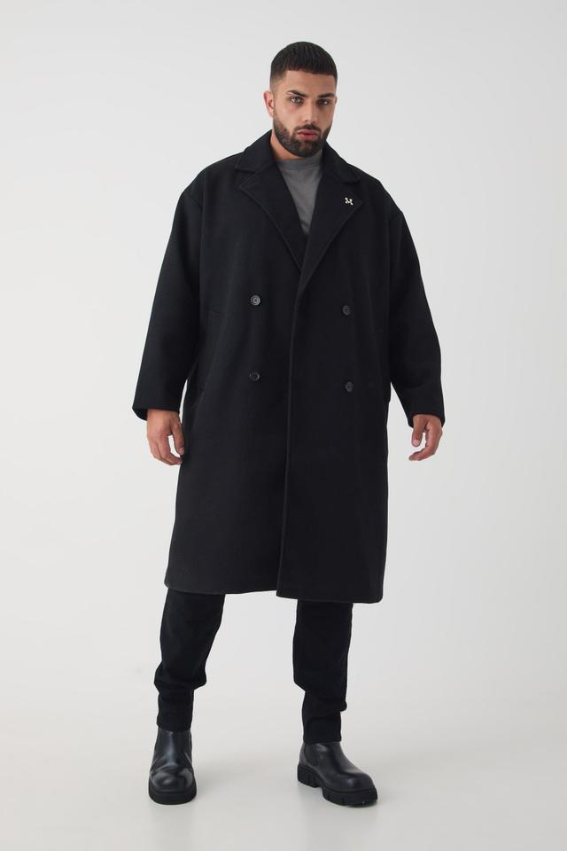 Mens Plus Oversized Drop Shoulder Double Breasted Overcoat In Black, Black Product Image