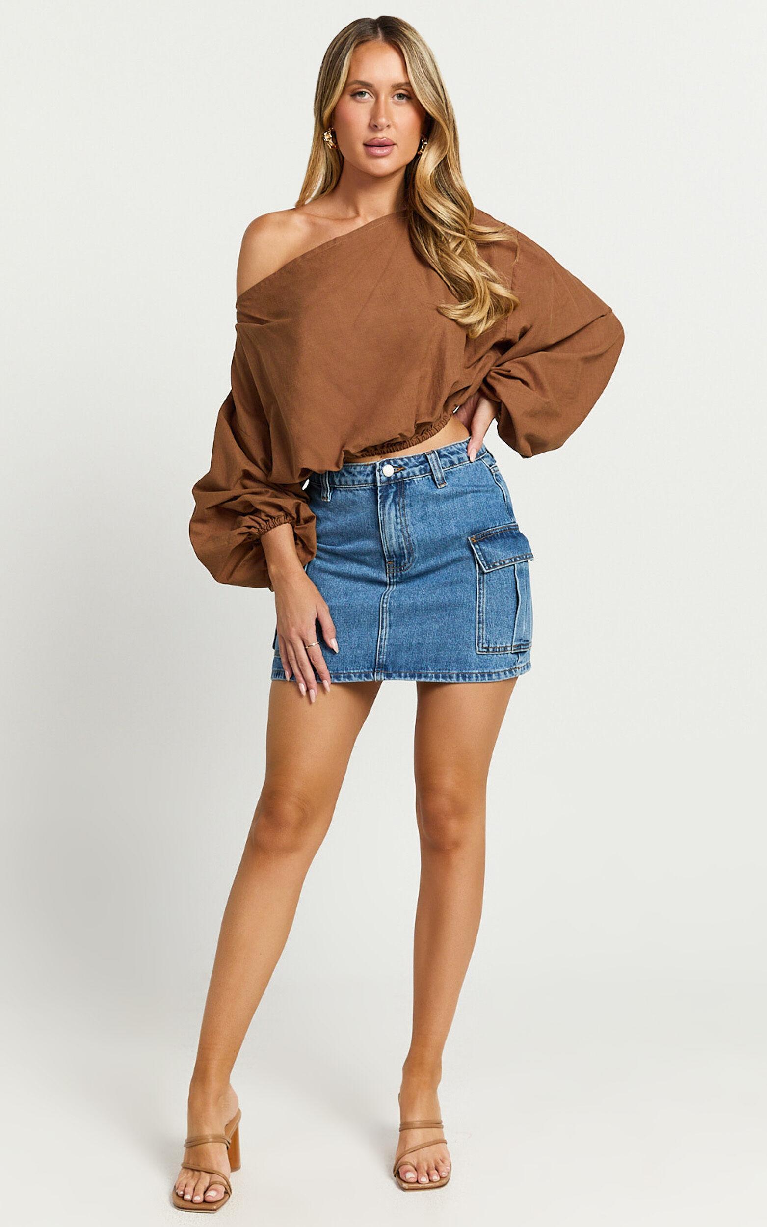 Alesia Top - Asymmetrical Boat Neck Elastic Hem Crop Top in Chocolate Product Image