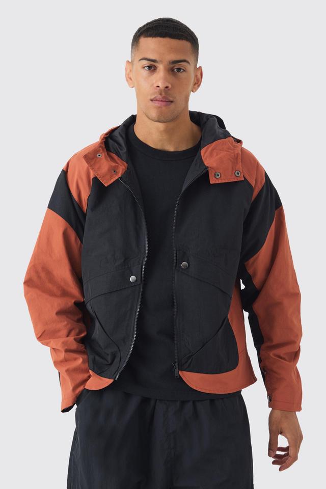 Colourblock Hooded Tech Windbreaker In Rust | boohooMAN USA Product Image