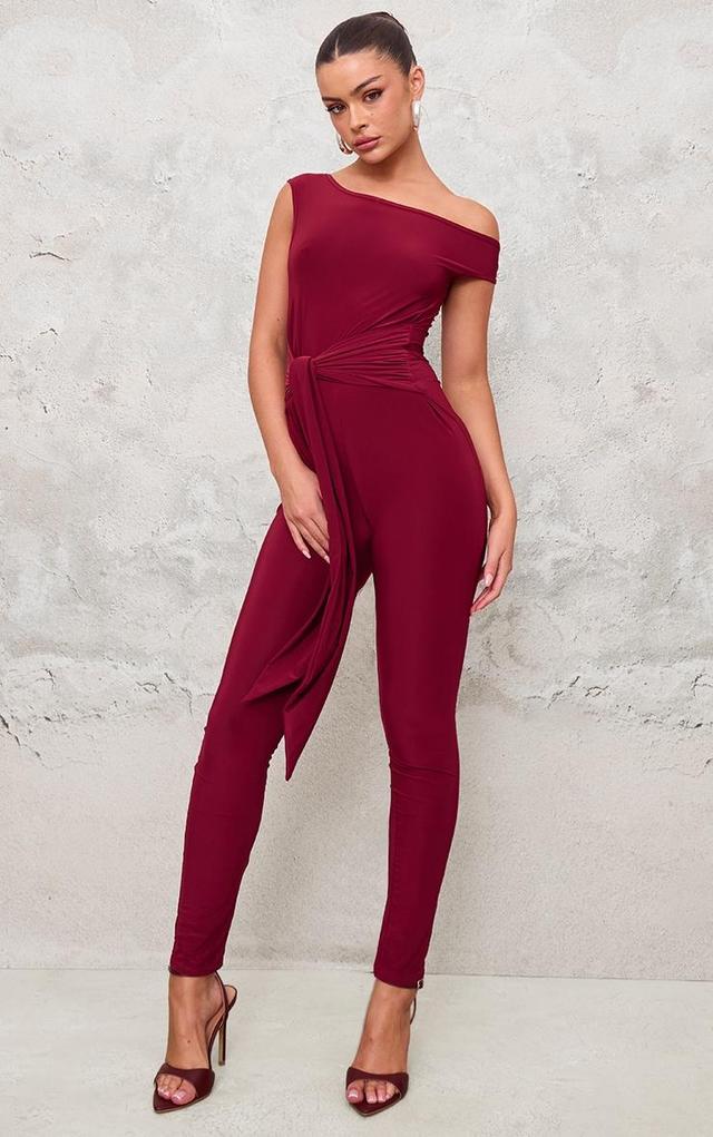 Burgundy Double Layer Slinky Knot Detail Wrap Front Jumpsuit Product Image