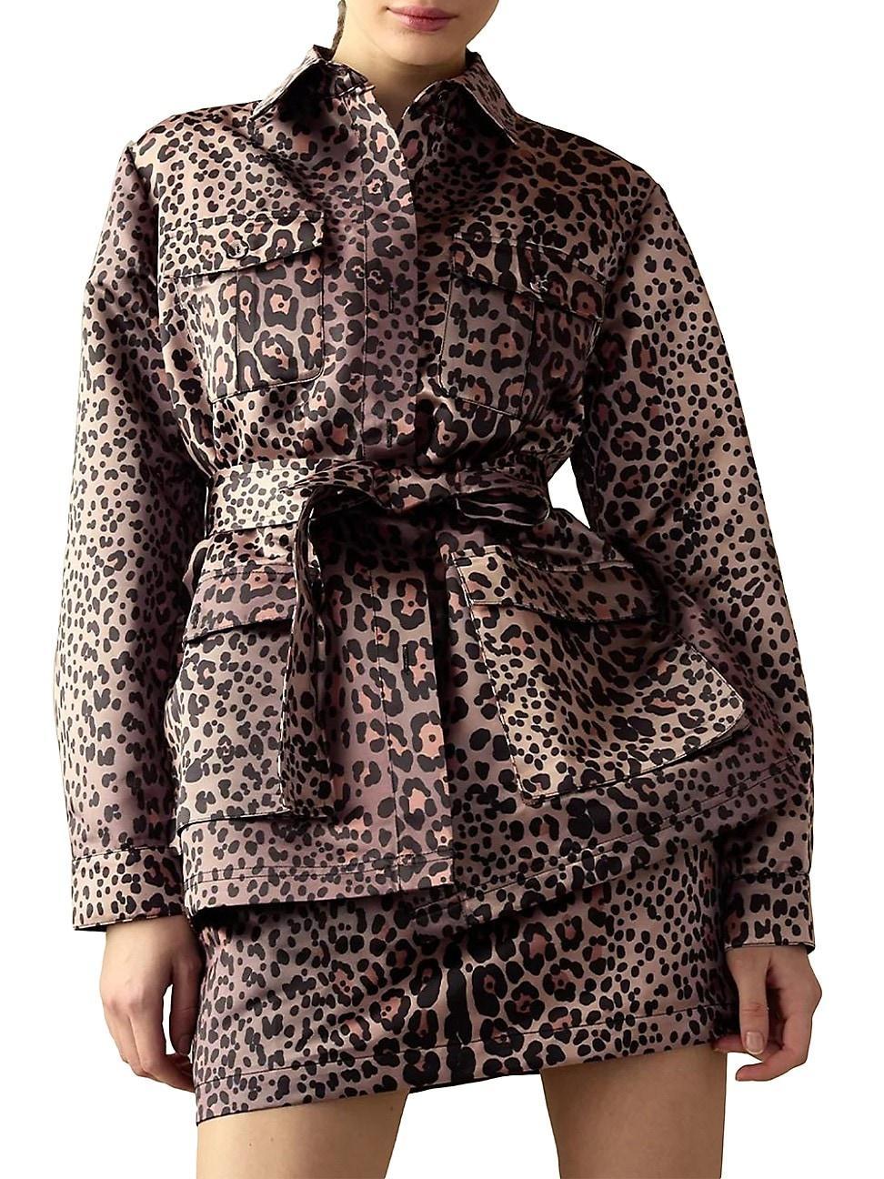 Womens Leopard Satin Belted Utility Jacket Product Image