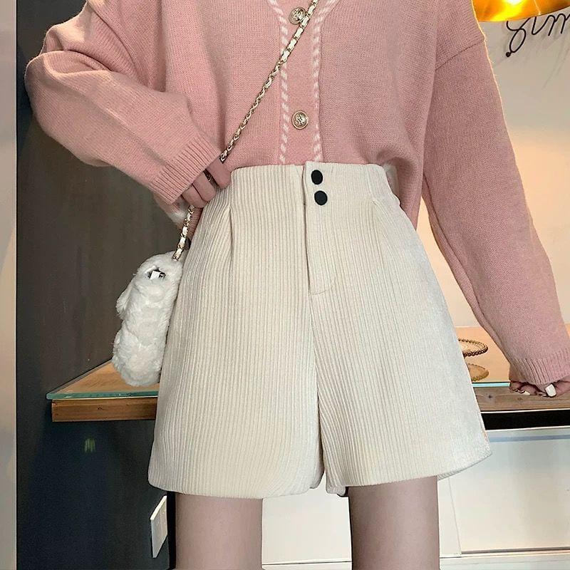 High Waist Plain Corduroy Shorts Product Image