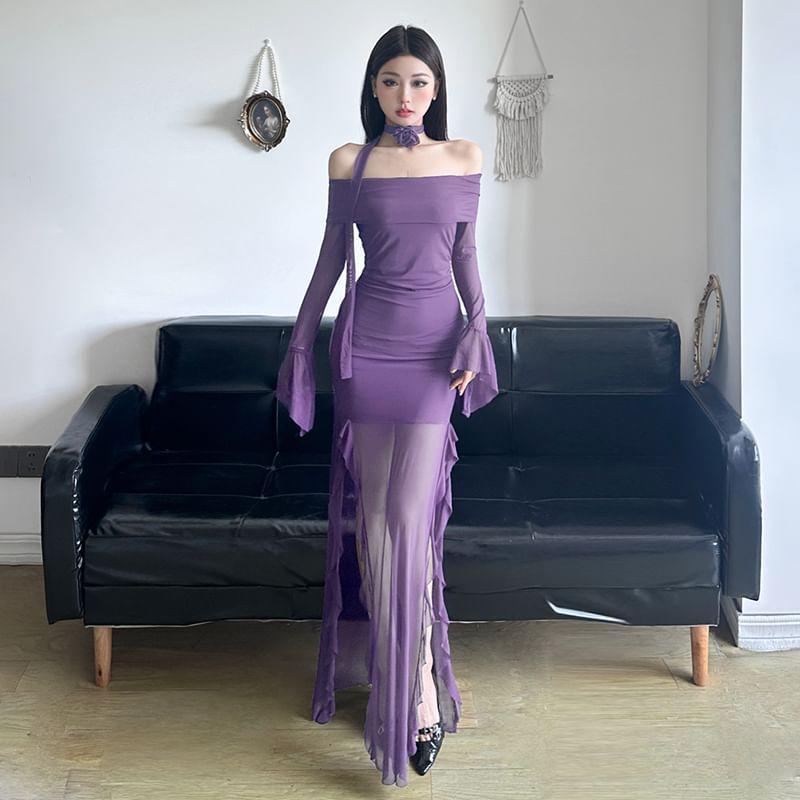 Set: Long-Sleeve Off-Shoulder Plain Slit Ruffle Trim Mesh Panel Maxi Sheath Dress + Flower Choker Product Image