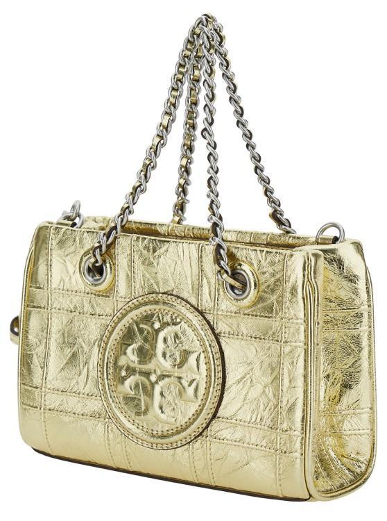 TORY BURCH Fleming Soft Mini Gold-colored Shoulder Bag With Embossed Logo In Metallic Leather In Neutrals Product Image