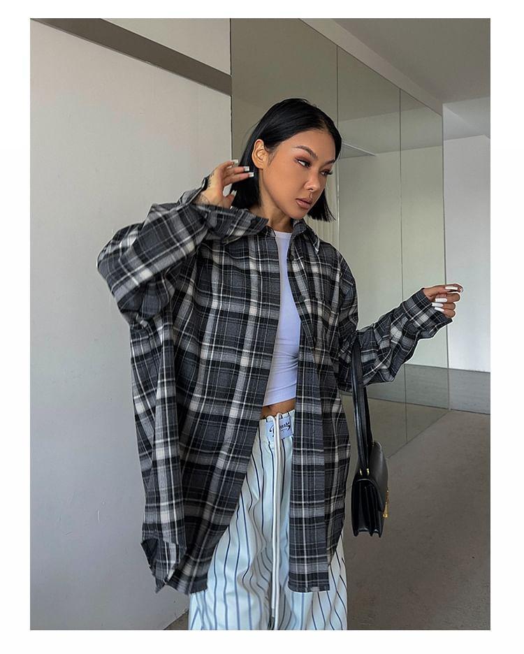 Long Sleeve Collared Plaid Oversized Shirt Product Image