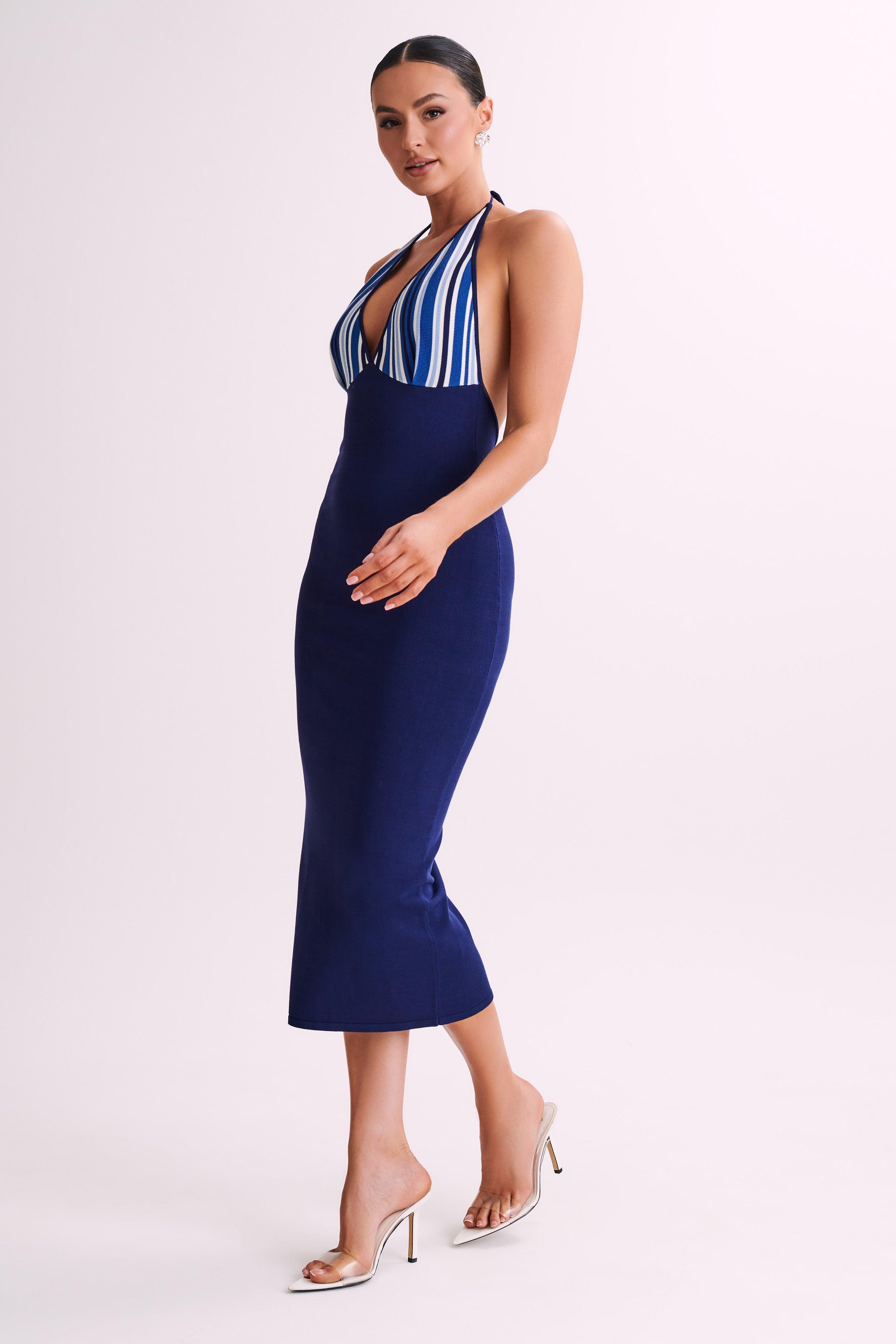 Dana Stripe Knit Halter Midi Dress - Powder Blue Product Image