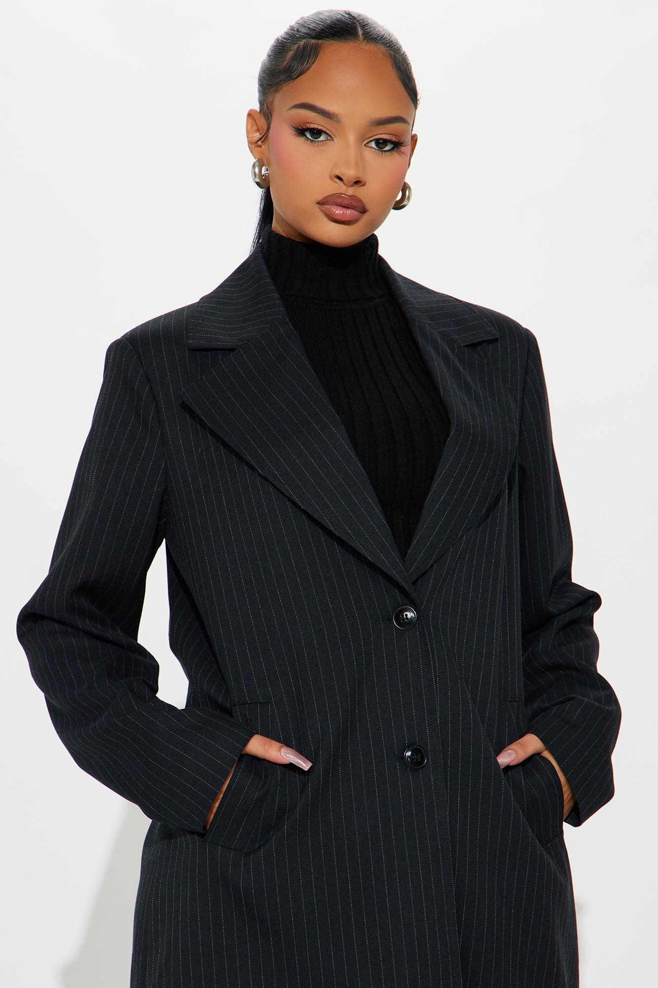 Business Plans Pinstripe Long Blazer - Black/combo Product Image