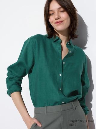 Womens Premium Linen Long Sleeve Shirt Green Small UNIQLO US Product Image