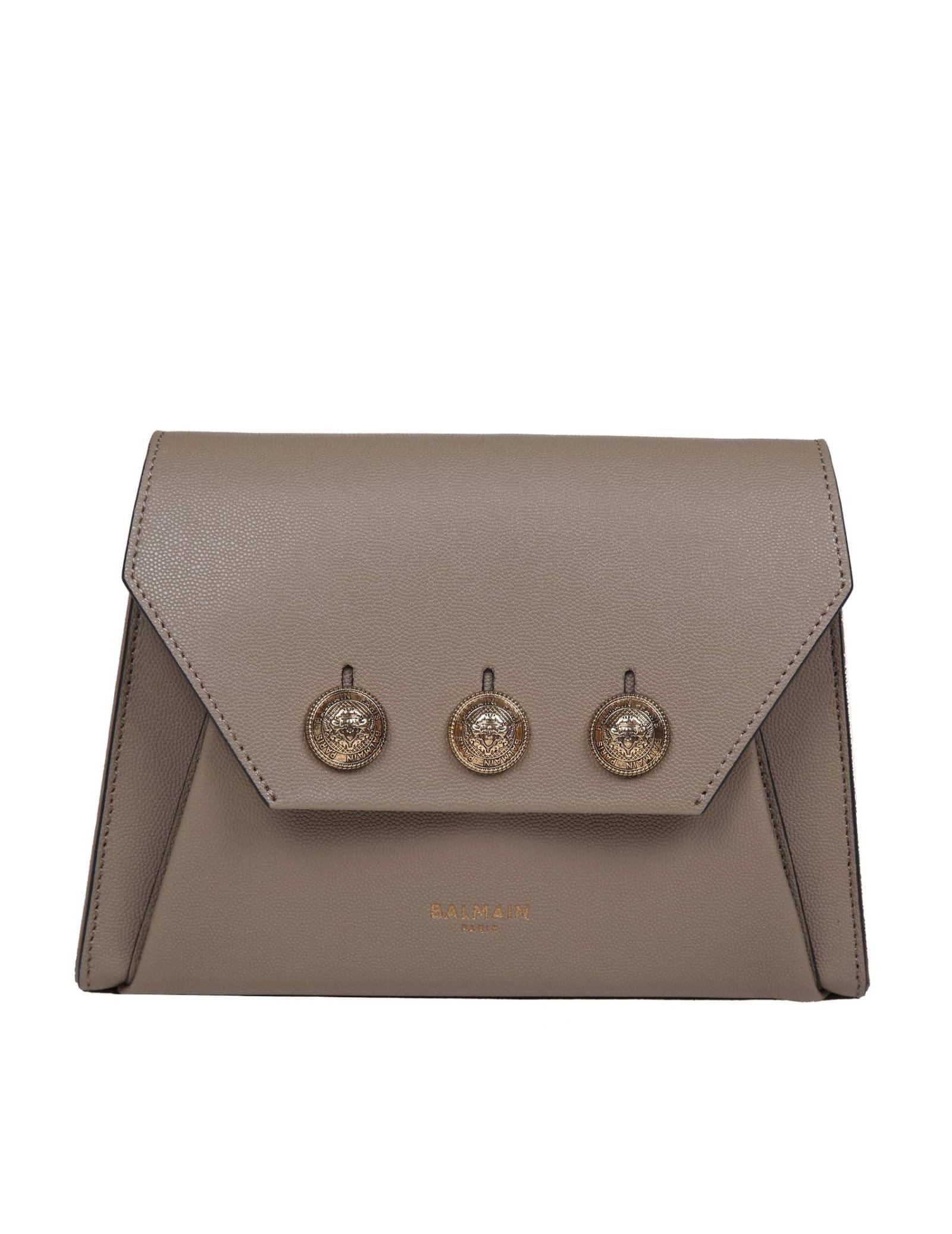 BALMAIN Embleme Bag In Calfskin With Taupe-colored Decorative Buttons In Brown Product Image