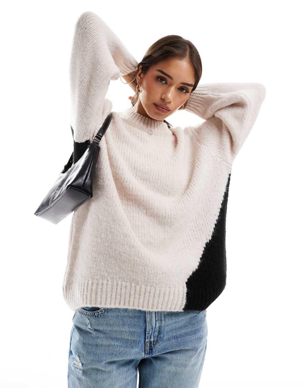 ASOS DESIGN crew neck color block sweater in black and white product image