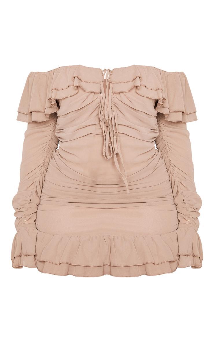 Plus Mocha Bardot Ruffle Detail Shift Dress Product Image