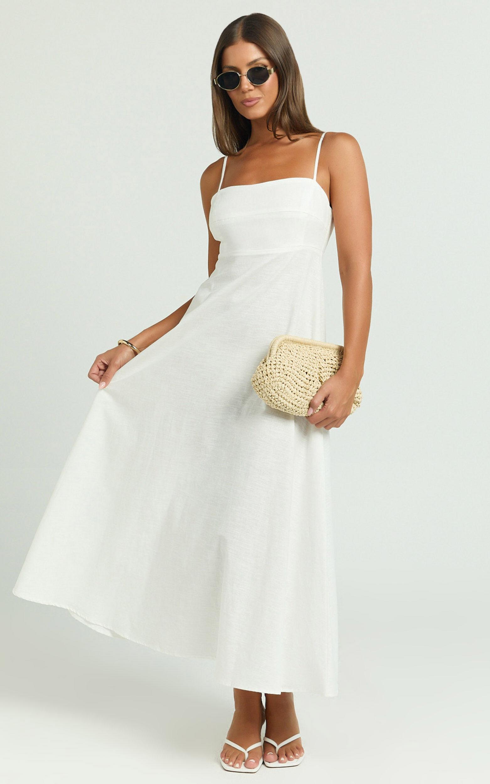 Brette Midi Dress - Linen Look Straight Neck Strappy Fit And Flare Dress in White Product Image