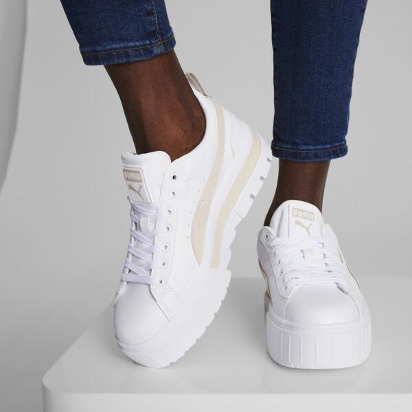 PUMA Mayze Leather Women's Sneakers in White/Peyote Product Image