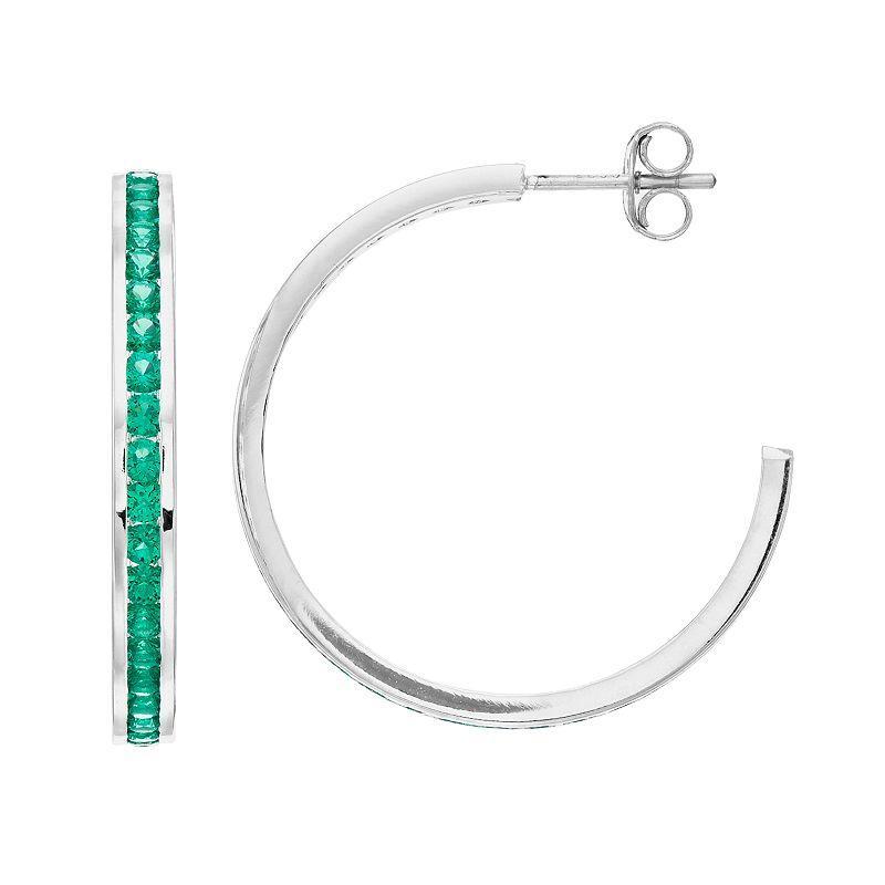 Traditions Jewelry Company Sterling Silver Channel-Set Lab-Created Emerald Birthstone Hoop Earrings, Womens, Green Product Image