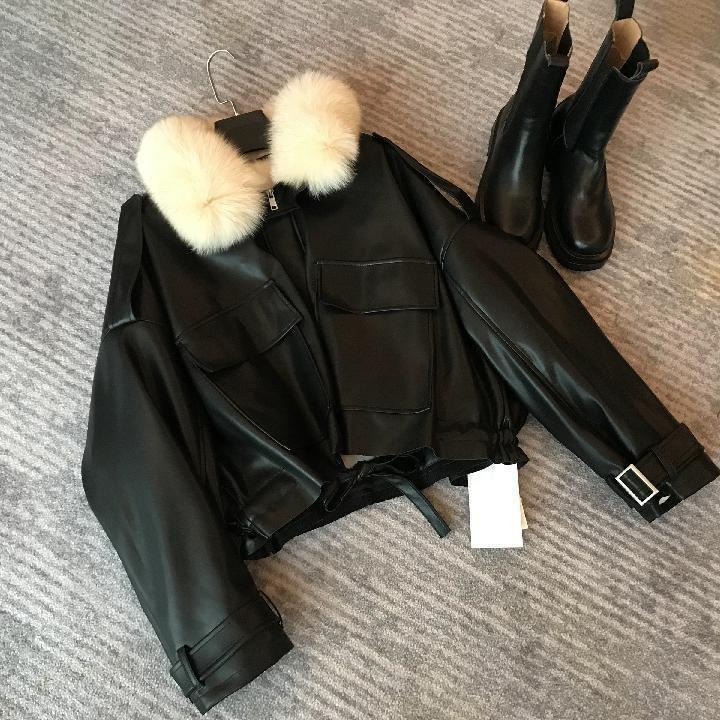 Plain Fluffy Trim Faux Leather Zip Jacket Product Image