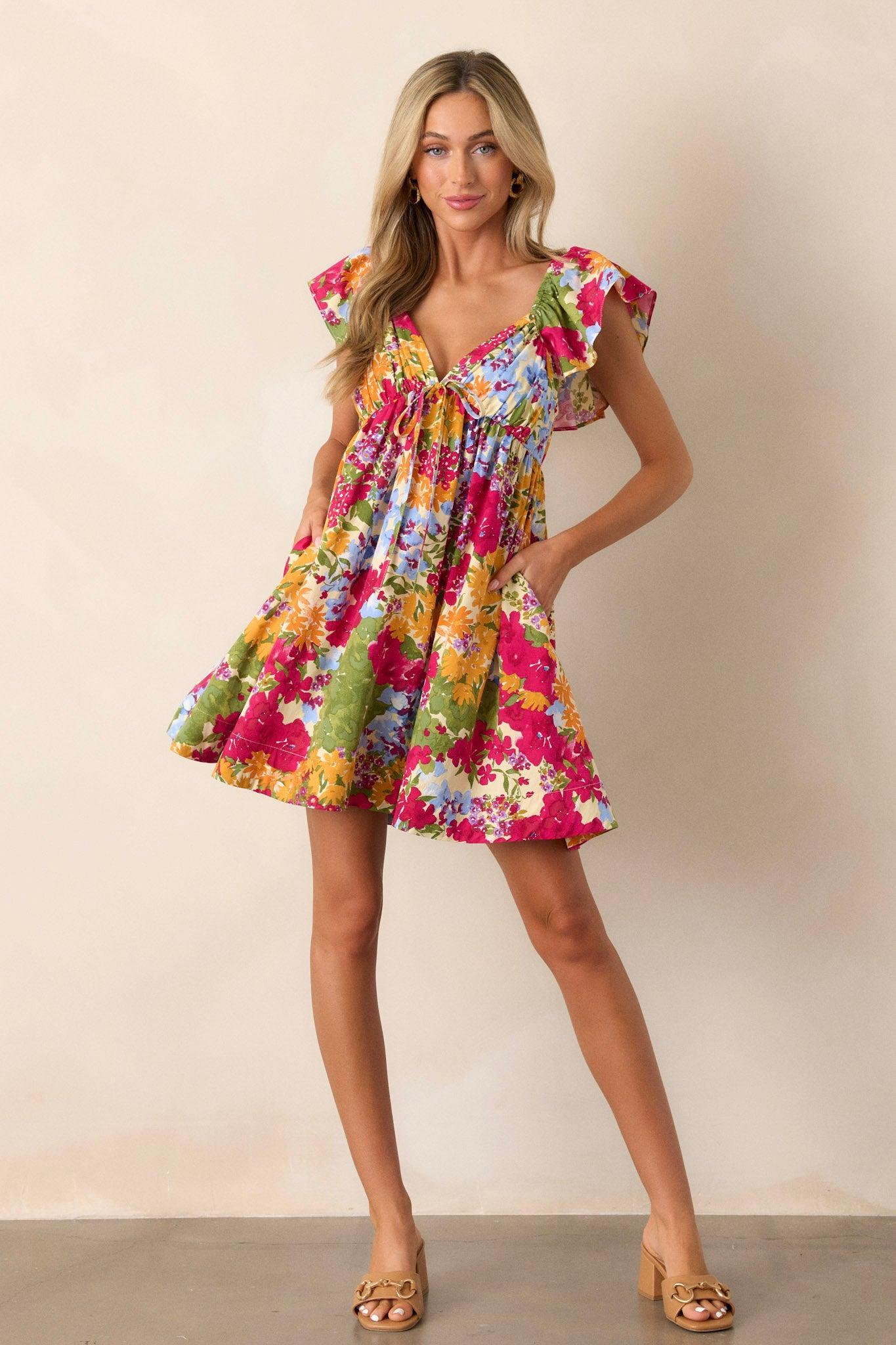 Be Alright Pink Floral Flutter Sleeve Mini Dress Product Image