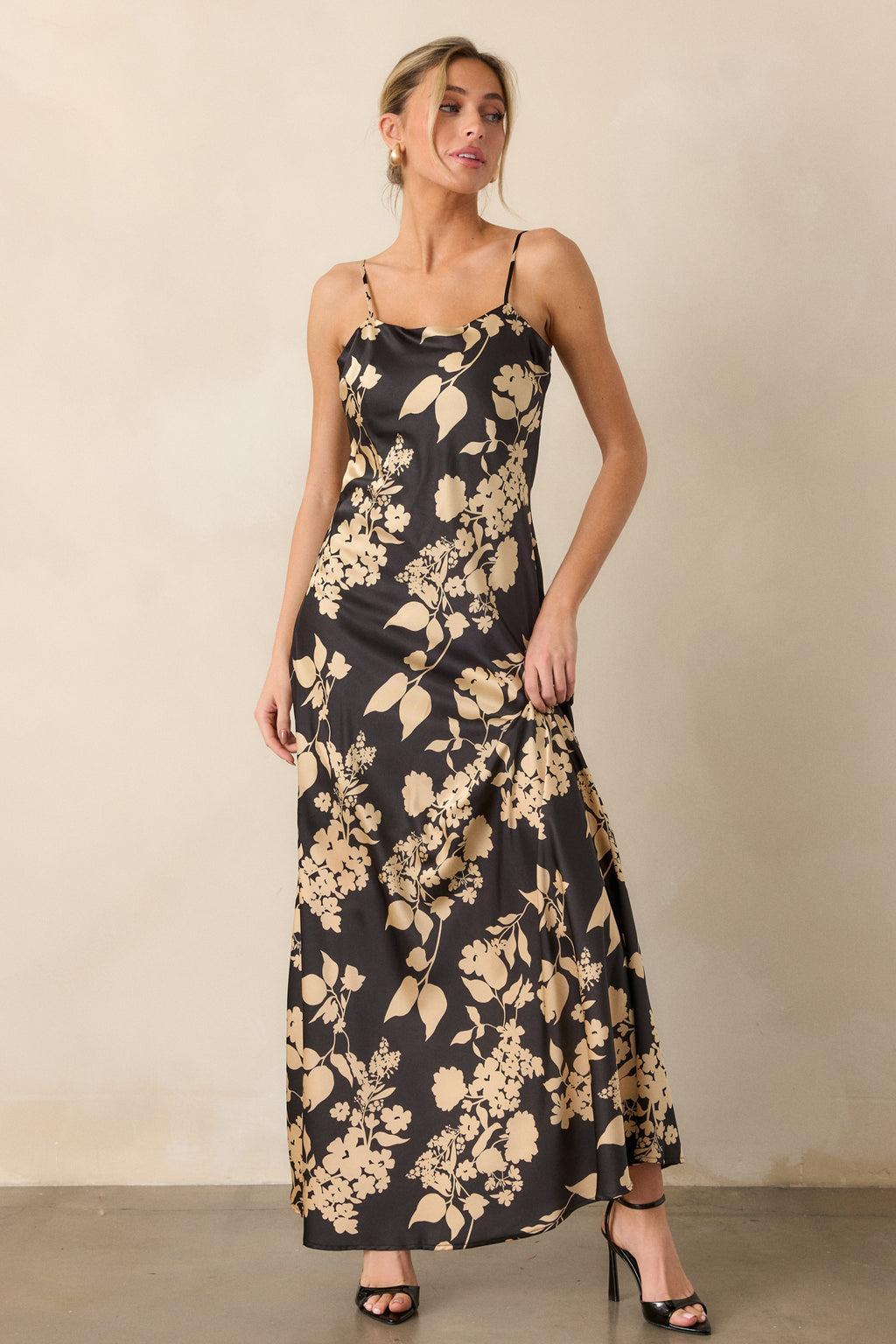 Crescent Glow Black Floral Satin Maxi Dress Product Image