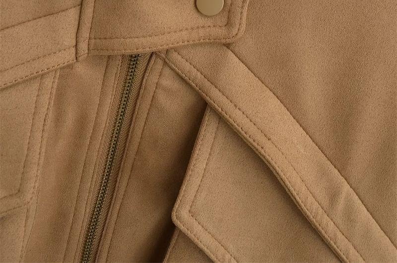 Collared Plain Zip-Up Faux Suede Jacket Product Image