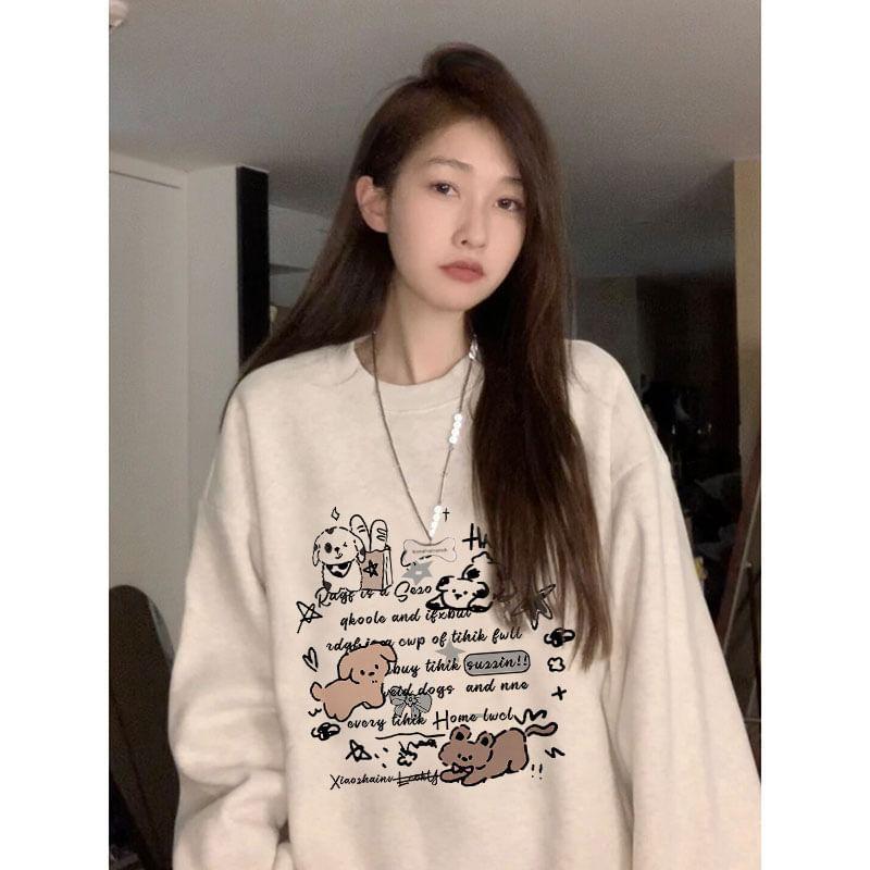 Crew Neck Drop Shoulder Cartoon Print Sweatshirt Product Image