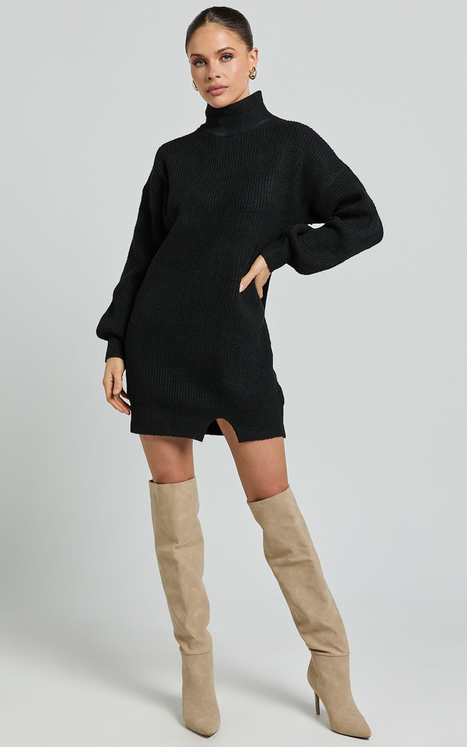 Tianna Mini Dress - Knitted Side Split Jumper Dress in Black Product Image