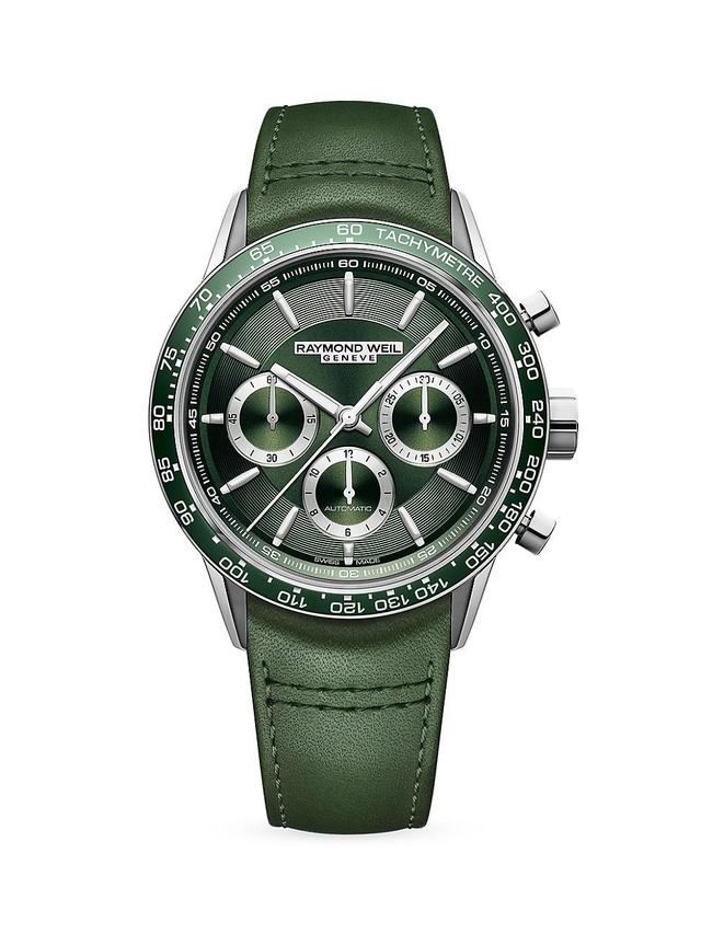 Raymond Weil Mens Swiss Automatic Chronograph Freelancer Green Leather Strap Watch 43.5mm Product Image