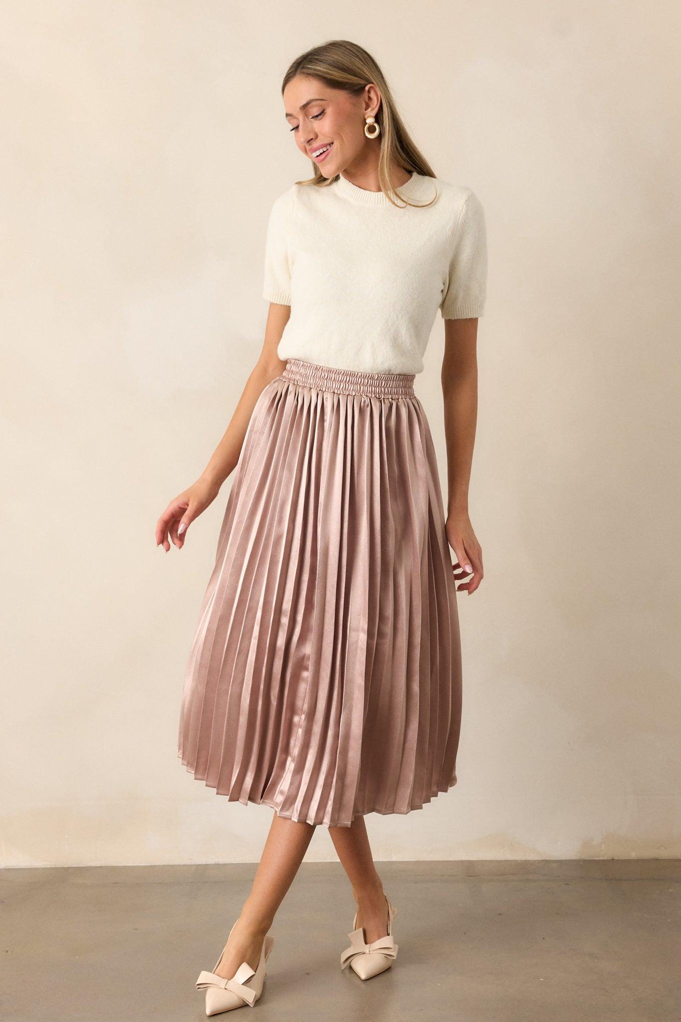 Lost In The Stars Rose Gold Pleated Midi Skirt Product Image