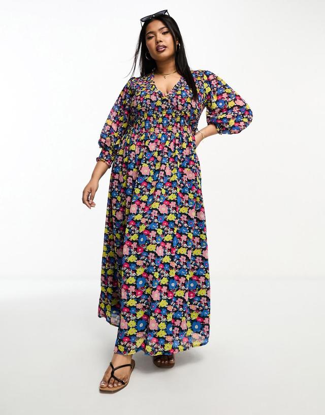 ASOS DESIGN Curve midi smock dress with shirred cuffs in black based multi floral print Product Image