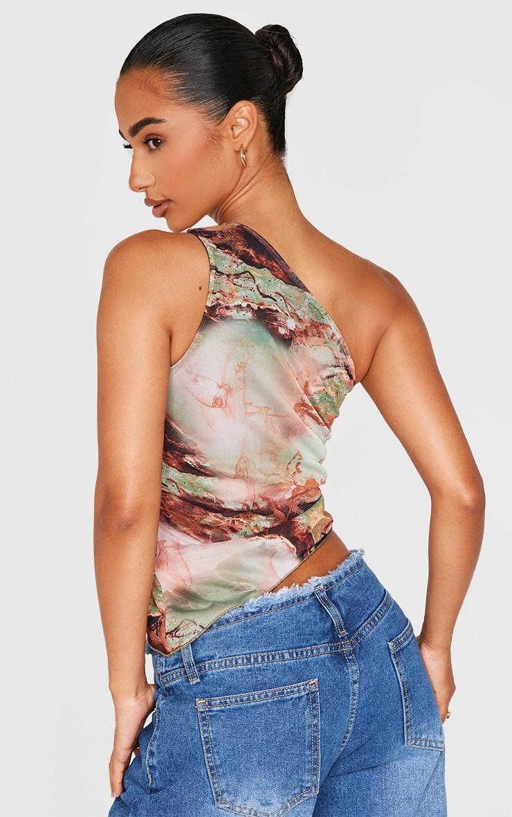 Petite Green Printed Mesh One Shoulder Asymmetric Top Product Image