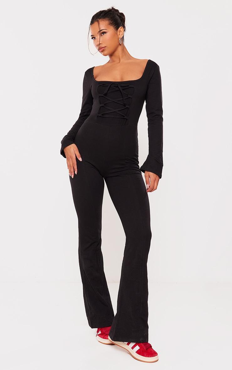  Black Cotton Detail Flare Leg Jumpsuit Product Image