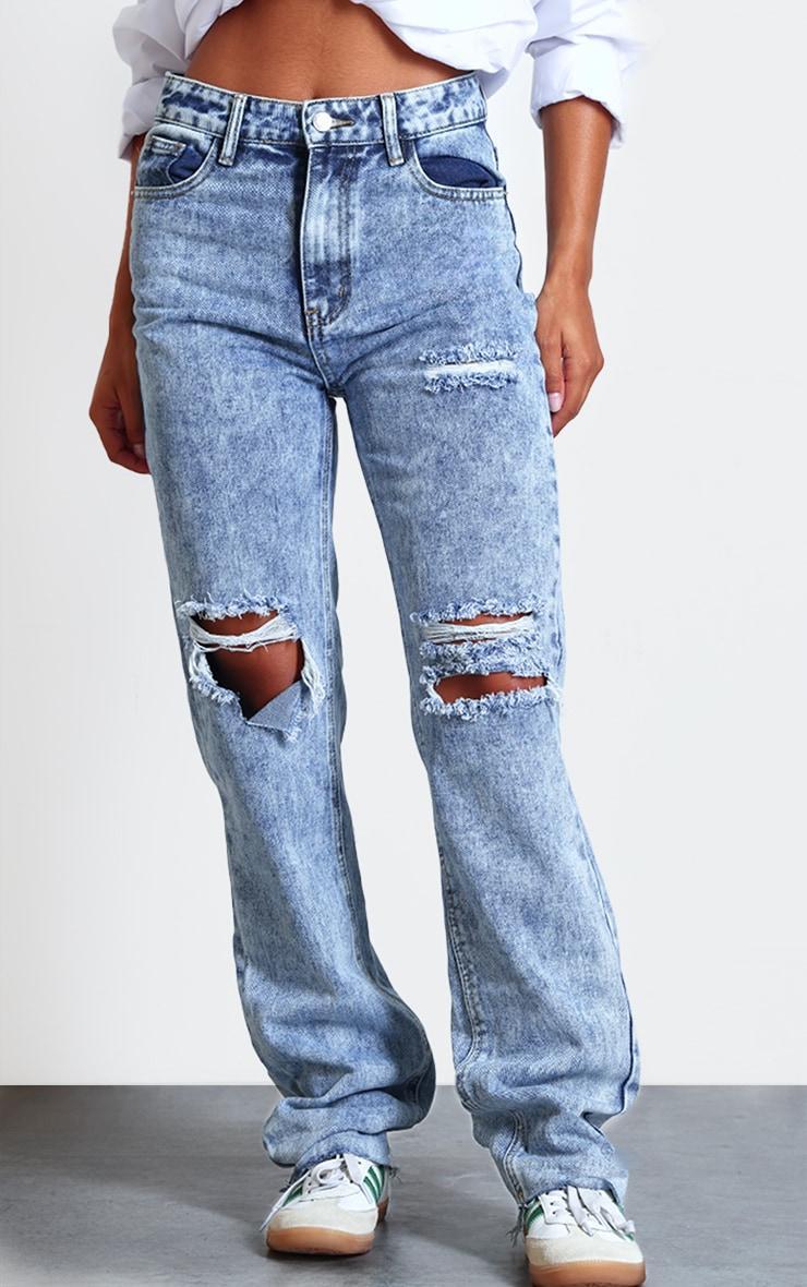 PRETTYLITTLETHING Acid Wash Ripped Long Leg Straight Jeans Product Image