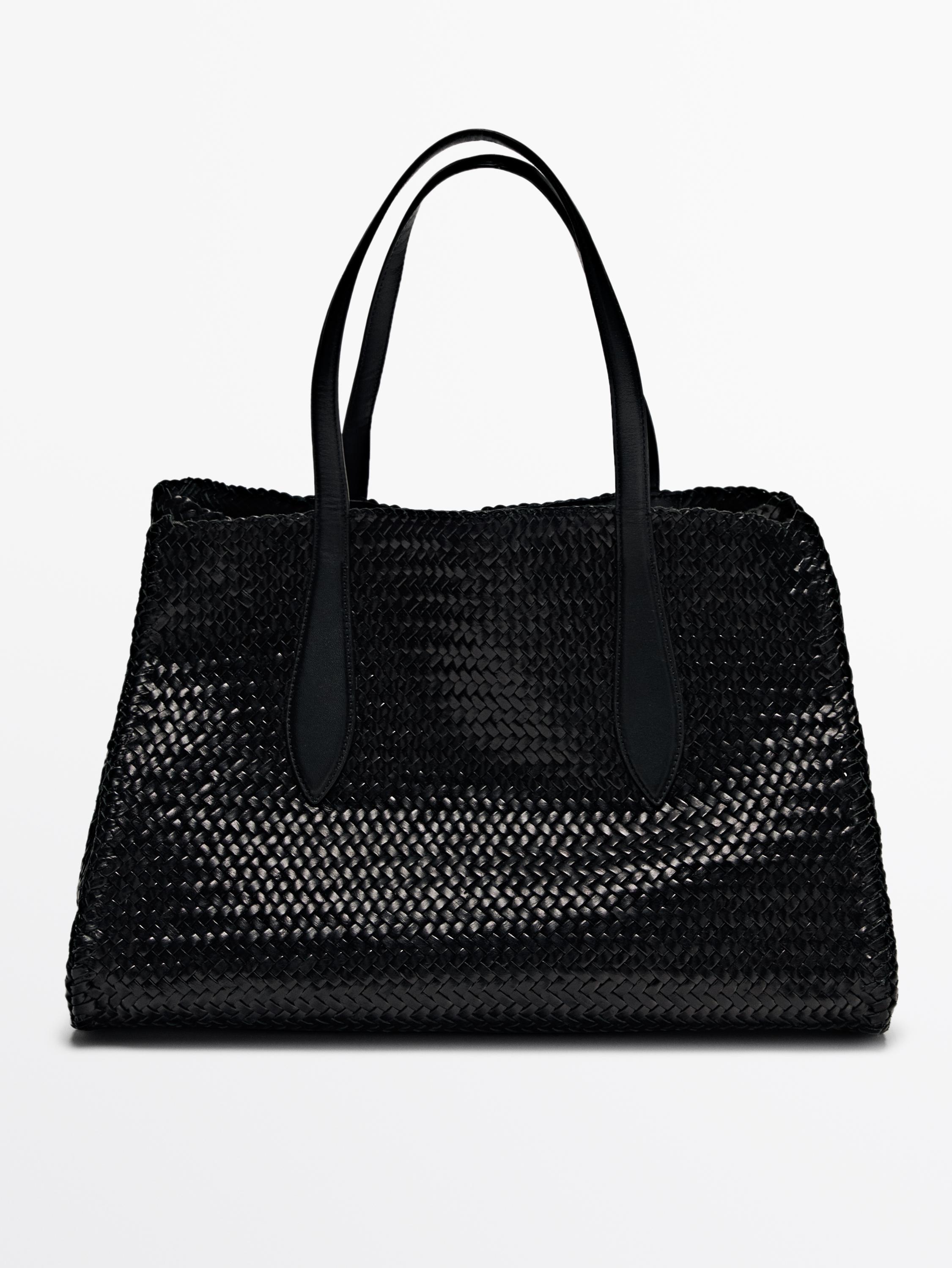 Maxi braided nappa leather satchel bag · Black · Accessories | Massimo Dutti Product Image