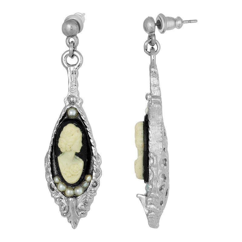 1928 Silver Tone Black & White Cameo Drop Earrings, Womens Product Image