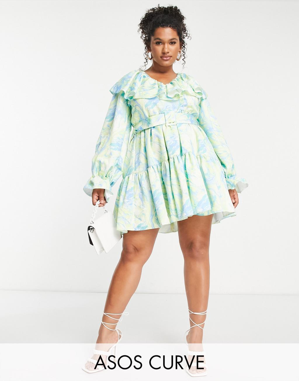 ASOS LUXE Curve marble V neck belted twill smock dress Product Image