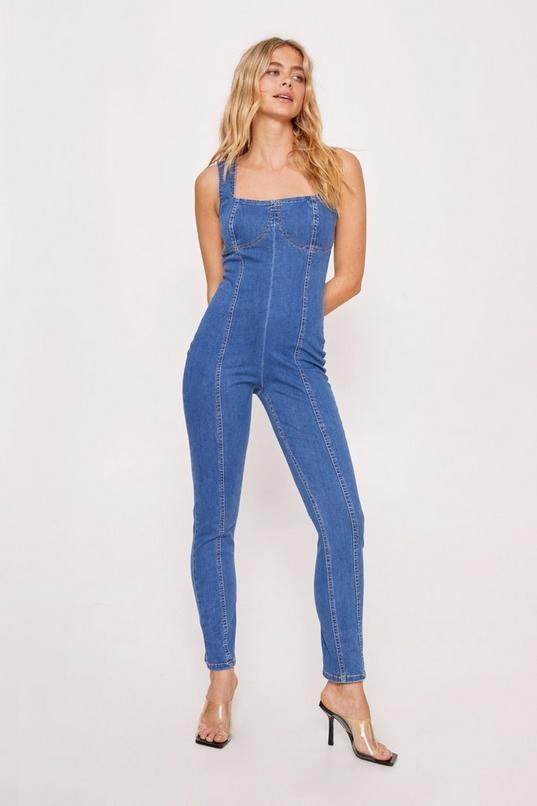 Seam Detail Bustier Skinny Denim Jumpsuit Product Image