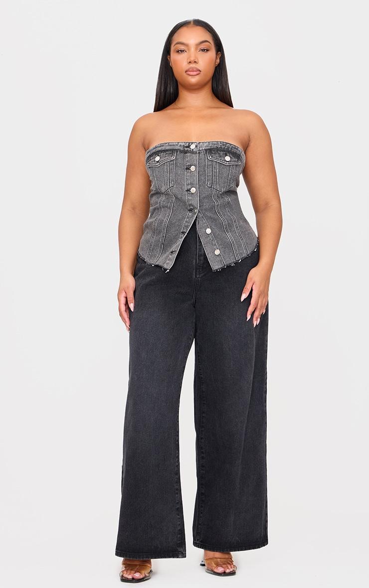 Plus Washed Grey Contrast Seam Detail Pocket Front Corset Bandeau Denim Top Product Image